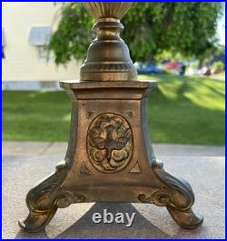 Antique Pair Brass Candlesticks with Religious Motif Jesus Altar 21