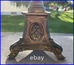 Antique Pair Brass Candlesticks with Religious Motif Jesus Altar 21