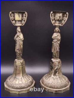 Antique Pair Neo-Gothic Silver Plate Figural Candlesticks Virgin Mary & St John