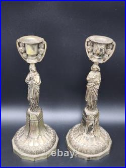Antique Pair Neo-Gothic Silver Plate Figural Candlesticks Virgin Mary & St John