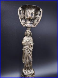 Antique Pair Neo-Gothic Silver Plate Figural Candlesticks Virgin Mary & St John