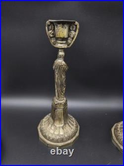 Antique Pair Neo-Gothic Silver Plate Figural Candlesticks Virgin Mary & St John