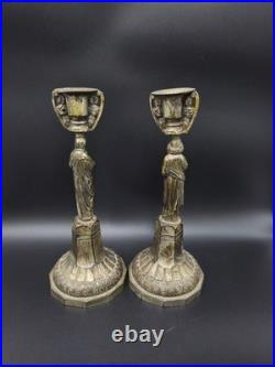 Antique Pair Neo-Gothic Silver Plate Figural Candlesticks Virgin Mary & St John