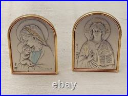Antique Pair of Christian Religious Sterling Silver Easel Icon's Mary & Jesus