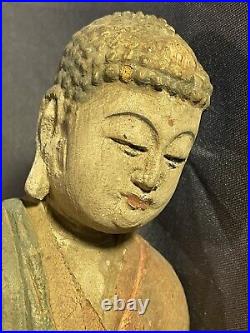 Antique Polychrome Carved & Painted Buddha Sculpture nice old surface