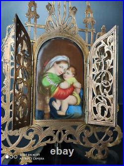 Antique Porcelain Icon Religious Triptych Virgin Mary