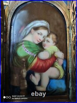 Antique Porcelain Icon Religious Triptych Virgin Mary