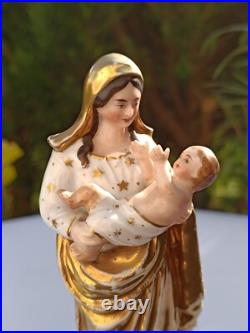 Antique Porcelain Madonna and Child Statue 23cm Gold Gilded Religious Figurine Antique Porcelain Madonna and Child Statue 23cm Gold Gilded Religious Figurine