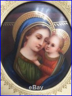 Antique Porcelain Miniature Painting of Madonna and Child with Leather display