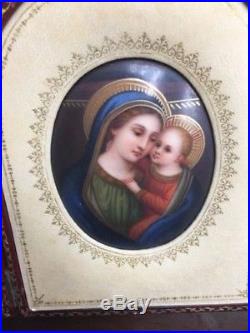 Antique Porcelain Miniature Painting of Madonna and Child with Leather display