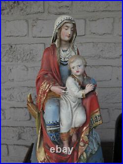 Antique Rare Ceramic chalk MAdonna child statue on globe religious