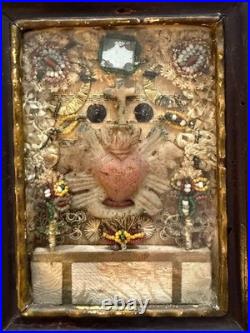Antique Rare Paperolles Reliquary Religious Sacred Heart Of Jesus Travel