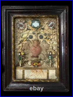 Antique Rare Paperolles Reliquary Religious Sacred Heart Of Jesus Travel