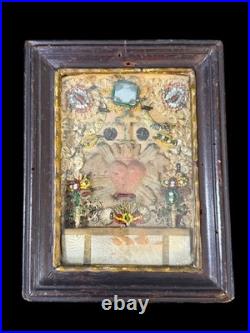Antique Rare Paperolles Reliquary Religious Sacred Heart Of Jesus Travel