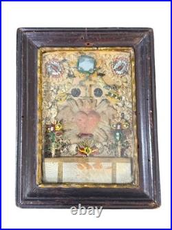 Antique Rare Paperolles Reliquary Religious Sacred Heart Of Jesus Travel