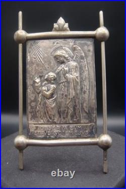 Antique Rare Silverplate Guardian Angel Religious Small Plaque Icon Ex 23 by SJ