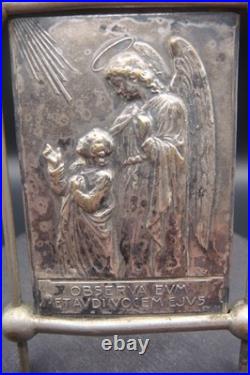 Antique Rare Silverplate Guardian Angel Religious Small Plaque Icon Ex 23 by SJ