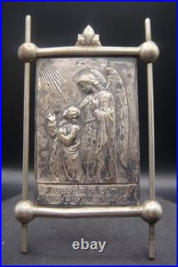 Antique Rare Silverplate Guardian Angel Religious Small Plaque Icon Ex 23 by SJ