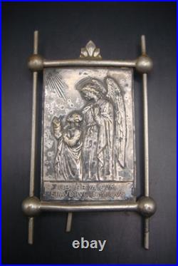 Antique Rare Silverplate Guardian Angel Religious Small Plaque Icon Ex 23 by SJ