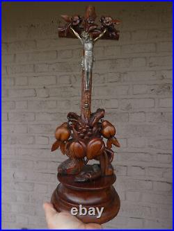 Antique Rare Wood carved crucifix fruits snake religious