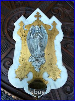 Antique Rare alabaster marble winged angel Holy water font wall plaque religious