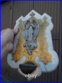 Antique Rare alabaster marble winged angel Holy water font wall plaque religious