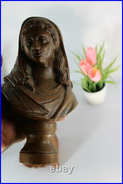 Antique Religious 19thc Bust figurine christ mary wood carved with console rare