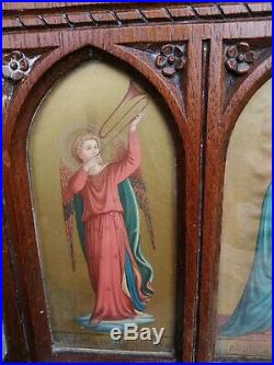 Antique Religious Angels Madonna Print Gothic Carved Wood Framed Standing Plaque