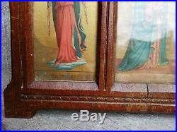 Antique Religious Angels Madonna Print Gothic Carved Wood Framed Standing Plaque