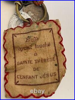 Antique Religious Brass Pendants & Fabric Relic Ste Therese de l'Enfant Jesus