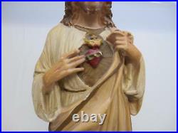 Antique Religious CHALKWARE STATUE SACRED HEART OF JESUS Old Vtg Figurine 17.5