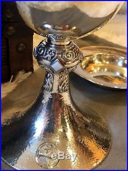 Antique Religious Chalice with Paten, Sterling Cup and case
