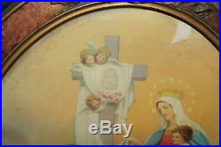 Antique Religious Christianity Print Oval Convex Frame Flowers Jesus Christ Mary