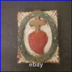 Antique Religious Church Architectural Salvage Wood Cross Heart Christ Carved-S