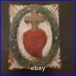 Antique Religious Church Architectural Salvage Wood Cross Heart Christ Carved-S