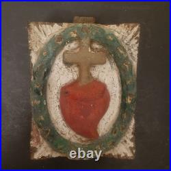 Antique Religious Church Architectural Salvage Wood Cross Heart Christ Carved-S