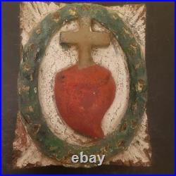 Antique Religious Church Architectural Salvage Wood Cross Heart Christ Carved-S