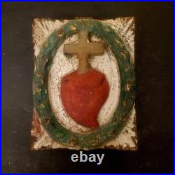 Antique Religious Church Architectural Salvage Wood Cross Heart Christ Carved-S