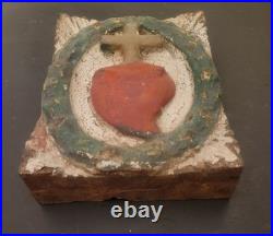 Antique Religious Church Architectural Salvage Wood Cross Heart Christ Carved-S