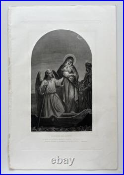 Antique Religious Etching After Claudius Jacquand Mary, Baby Jesus And Angel