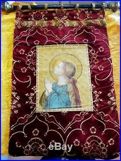 Antique Religious Flag from France Beautiful Monastery Handmade 19 th century