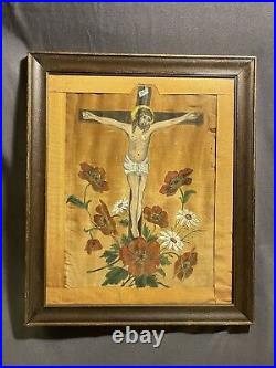 Antique Religious Folk Art Painting on Cloth Theorem Jesus Crucifix with Flowers