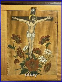 Antique Religious Folk Art Painting on Cloth Theorem Jesus Crucifix with Flowers