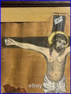 Antique Religious Folk Art Painting on Cloth Theorem Jesus Crucifix with Flowers