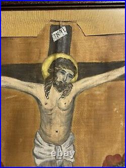 Antique Religious Folk Art Painting on Cloth Theorem Jesus Crucifix with Flowers