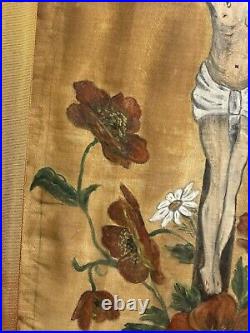 Antique Religious Folk Art Painting on Cloth Theorem Jesus Crucifix with Flowers