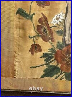 Antique Religious Folk Art Painting on Cloth Theorem Jesus Crucifix with Flowers