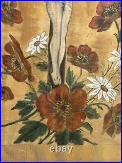 Antique Religious Folk Art Painting on Cloth Theorem Jesus Crucifix with Flowers