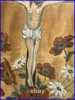 Antique Religious Folk Art Painting on Cloth Theorem Jesus Crucifix with Flowers