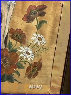 Antique Religious Folk Art Painting on Cloth Theorem Jesus Crucifix with Flowers